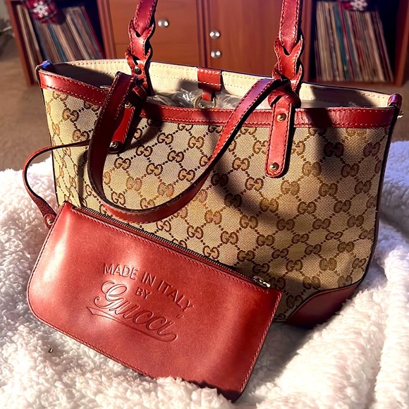 Gucci Handbags - AUTHENTIC GUCCI Brown Leather Monogram Canvas Tote SET Bucket Handbag Wristlet